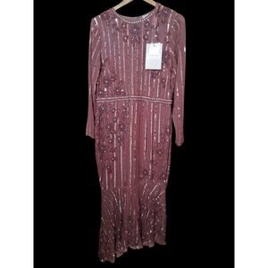 MAC DUGGAL Jewel Lined Neck Long Sleeve Tea Length Rosewood Floral Beaded Sz 12